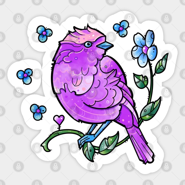 cute purple bird and blue flowers Sticker by weilertsen